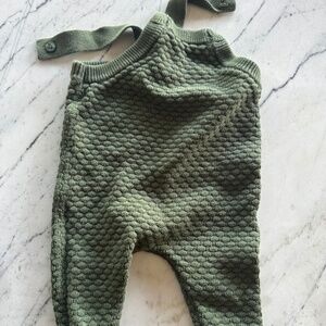 MORI thick knit overalls 6-9mo green with navy band at bottom of legs